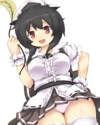 Rule 34 | 1girl, :d, animal ears, black hair, blush, breasts, cat ears, cat girl, collared shirt, curvy, female focus, hair bobbles, hair ornament, hand on own hip, hat, himeka (estacion), huyusilver, large breasts, looking at viewer, miniskirt, mrs. estacion, open mouth, panties, pantyshot, red eyes, sash, shirt, skirt, smile, solo, standing, thighhighs, thighs, underwear, white panties, white thighhighs, wrist cuffs