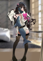 Rule 34 | 1girl, absurdres, arm up, armpits, bare shoulders, belt, black footwear, black hair, black headwear, blurry, brown thighhighs, bsue, depth of field, facing viewer, full body, highres, holding, holding phone, idolmaster, idolmaster cinderella girls, idolmaster cinderella girls starlight stage, jacket, loafers, long hair, open clothes, open jacket, phone, pillow challenge, selfie, shoes, solo, standing, stuffed animal, stuffed shark, stuffed toy, sunazuka akira, thighhighs, two side up, wavy hair, white jacket