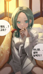 Rule 34 | 1girl, absurdres, alternate hairstyle, aqua eyes, aqua hair, baegsug, bathrobe, breasts, closed mouth, commentary request, enomoto noa, forehead, hair ribbon, highres, korean commentary, korean text, long sleeves, looking at viewer, medium breasts, parted bangs, red ribbon, ribbon, robe, saibou shinkyoku, solo, translation request, white robe