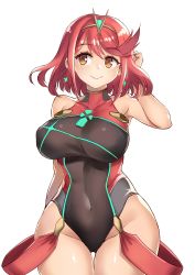 Rule 34 | 1girl, absurdres, armpits, black one-piece swimsuit, blush, breasts, competition swimsuit, covered collarbone, cowboy shot, earrings, hair ornament, halterneck, highres, jewelry, kaorihero, large breasts, legs together, looking at viewer, nintendo, one-piece swimsuit, parted bangs, pyra (pro swimmer) (xenoblade), pyra (xenoblade), red eyes, red hair, red one-piece swimsuit, short hair, sidelocks, simple background, smile, solo, standing, swimsuit, thighs, tiara, white background, wide hips, xenoblade chronicles (series), xenoblade chronicles 2