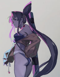 Rule 34 | 1girl, ass, back, bare shoulders, bikini, black hair, blue bikini, blue eyes, breasts, fate/grand order, fate (series), grey background, hair bun, jacket, jacket over swimsuit, long hair, long sleeves, looking at viewer, medium breasts, olys, parted bangs, parted lips, pinta (ayashii bochi), side bun, side ponytail, sidelocks, simple background, single hair bun, single side bun, swimsuit, thighs, ushiwakamaru (fate), ushiwakamaru (fate/grand order), ushiwakamaru (swimsuit assassin) (fate), ushiwakamaru (swimsuit assassin) (first ascension) (fate), very long hair, yellow jacket