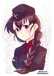 Rule 34 | 10s, 1girl, alternate costume, black hat, black jacket, braid, brown eyes, brown hair, closed mouth, commentary, cropped torso, dated, dress shirt, emblem, floral background, flower, flower request, garrison cap, girls und panzer, hair ornament, hair over shoulder, hair tie, hairclip, hat, highres, jacket, kuromorimine military uniform, long hair, long sleeves, looking at viewer, military, military hat, military uniform, namatyoco, one-hour drawing challenge, red shirt, rukuriri (girls und panzer), shirt, single braid, smile, solo, twitter username, uniform, upper body