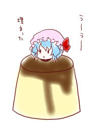 Rule 34 | 1girl, :&lt;, bad id, bad pixiv id, blue hair, buried, chibi, female focus, food, in food, kuromame (8gou), lowres, pudding, remilia scarlet, simple background, solo, touhou, translated, uu~, white background
