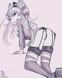 Rule 34 | 1girl, absurdres, amatsukaze (kancolle), bent over, blush, dress, foxinshadow, garter straps, hair ornament, hat, highres, inktober, kantai collection, long hair, looking at viewer, panties, sailor dress, sketch, solo, striped clothes, striped thighhighs, thighhighs, underwear