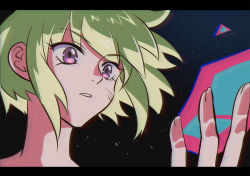 Rule 34 | 1boy, anime coloring, bae (baebae), blue fire, chromatic aberration, fake screenshot, fire, green hair, letterboxed, lio fotia, male focus, promare, purple eyes, purple fire, pyrokinesis, solo, subtitled, topless male, vhs artifacts