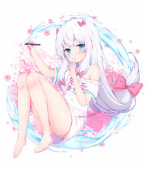 Rule 34 | 1girl, aqua eyes, arm up, artist name, bare legs, barefoot, blush, bow, chestnut mouth, clothes writing, commentary request, english text, eromanga sensei, finger to mouth, flower, full body, hair bow, holding, holding stylus, index finger raised, izumi sagiri, knees up, long hair, looking at viewer, nomier, off shoulder, parted lips, petals, pink bow, pink flower, short sleeves, shushing, sidelocks, signature, silver hair, single bare shoulder, sitting, solo, stylus, very long hair, water