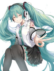 Rule 34 | 1girl, absurdres, aqua eyes, aqua hair, aqua ribbon, bad hands, bare shoulders, black skirt, black thighhighs, blouse, cc rock, commentary, detached sleeves, closed eyes, facing viewer, feet out of frame, foreshortening, hair ornament, hatsune miku, hatsune miku (nt), headphones, highres, layered sleeves, long hair, miniskirt, neck ribbon, outstretched arm, piapro, pleated skirt, ribbon, see-through, see-through sleeves, shirt, shoulder tattoo, sitting, skirt, sleeveless, sleeveless shirt, smile, solo, tattoo, thighhighs, twintails, v, very long hair, vocaloid, white shirt, white sleeves