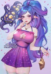 Rule 34 | 1girl, armlet, bag, bare shoulders, big hair, blue nails, blue sash, blush, breasts, cleavage, closed mouth, commentary, constellation, constellation print, cowboy shot, dress, eldritch abomination, fang, fang out, fingernails, hand up, handbag, heart, heart necklace, high ponytail, highres, large breasts, lavelis, long fingernails, long hair, looking at viewer, monster, mouth hold, multicolored hair, multicolored nails, nail polish, necklace, original, pink nails, pointy ears, ponytail, purple dress, purple eyes, sanpaku, sash, short dress, skindentation, smile, solo, standing, star cutout, streaked hair, thighhighs, very long hair, zettai ryouiki