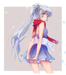Rule 34 | 1girl, arms behind back, back, blue dress, blue eyes, border, bow, breasts, closed mouth, commentary request, cropped legs, dress, earrings, frilled dress, frills, from side, highres, iesupa, jewelry, lavender dress, long hair, looking at viewer, own hands clasped, own hands together, red scarf, rwby, scar, scar across eye, scar on face, scarf, short dress, side ponytail, silver hair, small breasts, snowflake background, solo, tiara, very long hair, waist bow, weiss schnee, white border
