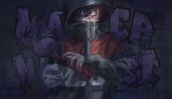Rule 34 | 1boy, brick wall, commentary request, covered mouth, graffiti, hair between eyes, highres, holding, hood, hood up, hooded jacket, jacket, male focus, original, rabbit, red eyes, red hair, red jacket, shiun (siun 5513), short hair, solo, spray can, spray paint, upper body