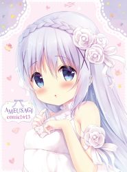 Rule 34 | 1girl, :o, amedamacon, bad id, bad pixiv id, bare shoulders, blue eyes, blue hair, blush, braid, cup, dress, flower, food, fruit, gochuumon wa usagi desu ka?, hair between eyes, hair flower, hair ornament, hands on own chest, hands up, heart, kafuu chino, looking at viewer, looking to the side, parted lips, pink background, rose, sleeveless, sleeveless dress, solo, star (symbol), strawberry, teacup, teapot, white dress, white flower, white rose, x hair ornament