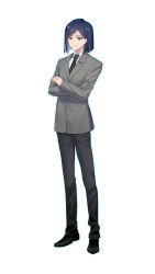 Rule 34 | 1boy, absurdres, aged up, black footwear, black necktie, black pants, crossed arms, digimon, full body, highres, kingzhizhu, long sleeves, looking at viewer, male focus, necktie, pants, shoes, simple background, solo, standing, white background