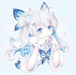 Rule 34 | animal ear fluff, animal ears, artist name, blue eyes, blue nails, blue ribbon, butterfly hair ornament, child, cropped torso, double bun, fairy wings, fur-trimmed sleeves, fur trim, goddess of victory: nikke, hair bun, hair ornament, hairclip, hands on own chin, highres, jacket, light blush, long hair, n102 (miracle fairy) (nikke), n102 (nikke), nail polish, official alternate costume, own hands clasped, own hands together, rainbow gradient, ribbon, ridie, scrunchie, short sleeves, short twintails, snowflake hair ornament, twintails, white hair, white jacket, wings, wrist scrunchie