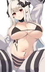 Rule 34 | 1girl, absurdres, arknights, arm up, bikini, bikini top only, binware, black bikini, blush, breasts, cleavage, collar, commission, earrings, hair ornament, highres, horns, huge breasts, infection monitor (arknights), jewelry, long hair, long sleeves, looking at viewer, material growth, micro bikini, mudrock (arknights), mudrock (elite ii) (arknights), navel, oripathy lesion (arknights), parted lips, pixiv commission, pointy ears, red eyes, simple background, solo, spread legs, stomach, swimsuit, underboob, very long hair, white background, white hair