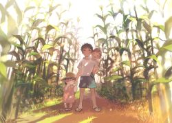 Rule 34 | 1boy, 1girl, age difference, androgynous, blush, child, corn, corn field, closed eyes, holding hands, hat, height difference, no socks, open mouth, original, outdoors, piggyback, pon (cielo), sandals, short hair, siblings, standing