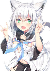 Rule 34 | 1girl, :d, \n/, ahoge, animal ear fluff, animal ears, black shorts, blue neckwear, blush, braid, breasts, commentary request, cowboy shot, crossed bangs, detached sleeves, double \n/, double fox shadow puppet, fox ears, fox girl, fox shadow puppet, fox tail, green eyes, hair between eyes, hands up, hololive, hood, hood down, long hair, long sleeves, looking at viewer, medium breasts, midriff peek, navel, open mouth, shirakami fubuki, shirakami fubuki (1st costume), short shorts, shorts, side braid, silver hair, simple background, single braid, small breasts, smile, solo, standing, stomach, tail, topia, virtual youtuber, white background, wide sleeves