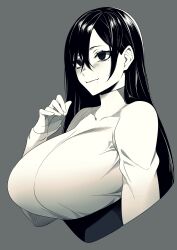 Rule 34 | 1girl, absurdres, black eyes, black hair, breasts, commentary request, curvy, from side, grey background, highres, huge breasts, hz (666v), limited palette, long hair, mole, mole under eye, original, shirt, sketch, unfinished, upper body, white shirt
