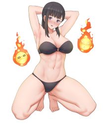 Rule 34 | 1girl, abs, armpits, arms behind head, arms up, bare shoulders, barefoot, bikini, black bikini, black hair, blush, breasts, cleavage, collarbone, commentary, commission, en&#039;en no shouboutai, fire, fireball, full body, groin, highres, kneeling, large breasts, long hair, looking at viewer, maki oze, midriff, navel, nose blush, o-ring, o-ring bikini, parted lips, ponytail, purple eyes, sarhce, sidelocks, simple background, solo, strapless, strapless bikini, swimsuit, white background