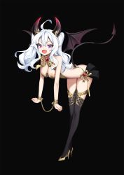 Rule 34 | 1girl, ahoge, ankkoyom, bare arms, bare shoulders, bent over, black background, black horns, black ribbon, black thighhighs, breasts, commentary request, demon, demon girl, demon tail, demon wings, fang, full body, gem, grey hair, hair between eyes, high heels, highres, horns, large breasts, long hair, original, pink eyes, pointy ears, red horns, ribbon, shoes, simple background, slit pupils, solo, stiletto heels, tail, thighhighs, wavy hair, wings