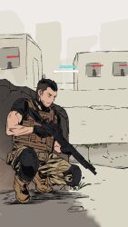 Rule 34 | 1boy, black gloves, black hair, black shirt, brown pants, bulletproof vest, call of duty, call of duty: modern warfare 2, camouflage, camouflage pants, facial hair, gloves, goddess of victory: nikke, gun, highres, holding, holding gun, holding weapon, male focus, pants, shirt, short hair, soap (modern warfare 2), squatting, taocan shisi hao, weapon