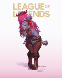 Rule 34 | 1girl, absurdres, bare shoulders, belt, blush, boots, breasts, brown pants, collarbone, colored skin, commentary, female pubic hair, full body, gloves, hammer, hands up, highres, holding, horns, league of legends, leaning forward, legs together, long hair, looking at viewer, medium breasts, open mouth, ornn, pants, pink hair, pubic hair, purple skin, radjeong, red eyes, signature, smile, solo, thigh gap, wavy mouth, weapon