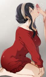 Rule 34 | 1boy, 1girl, bare legs, bare shoulders, barefoot, black hair, breasts, censored, dress, earrings, fellatio, from side, hairband, hetero, highres, jewelry, large breasts, long hair, long sleeves, mosaic censoring, nonoyama, off-shoulder dress, off shoulder, open mouth, oral, penis, red dress, seiza, short hair with long locks, sidelocks, sitting, solo focus, spy x family, tongue, tongue out, white hairband, yor briar