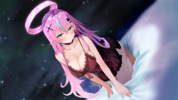 Rule 34 | 1girl, all fours, aqua hair, bad id, bad pixiv id, bare arms, bare shoulders, barefoot, black choker, breasts, choker, cleavage, closed mouth, collarbone, commentary, crossed bangs, dress, earrings, green eyes, hair between eyes, hair ornament, halo, hoshina rulia, indie virtual youtuber, jewelry, lace, lace-trimmed dress, lace trim, large breasts, long hair, looking at viewer, multicolored hair, official art, pink hair, raru (nanaharararu), shadow, sleeveless, solo, split mouth, thighs, two-tone hair, virtual youtuber, x hair ornament