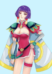 Rule 34 | 1990s (style), 1girl, angel links, armor, belt, belt skirt, blue background, blunt bangs, bob cut, bracer, breasts, cape, chinese clothes, cleavage, cleavage cutout, clenched hand, clothing cutout, cowboy shot, detached sleeves, dress, earrings, eyelashes, hand on own hip, highres, jewelry, lace, large breasts, li meifon, looking at viewer, pauldrons, pink dress, puffy sleeves, purple hair, red eyes, retro artstyle, short dress, short hair, short sleeves, shoulder armor, side slit, sideboob, simple background, smile, solo, standing, tassel, tassel earrings, thigh strap, turtleneck