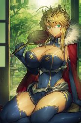 Rule 34 | 1girl, ahoge, artoria pendragon (fate), artoria pendragon (lancer) (fate), blue thighhighs, blurry, braid, braided bun, breasts, cape, cleavage, cleavage cutout, closed mouth, clothing cutout, collarbone, colored eyelashes, commentary request, covered navel, crown, depth of field, fate/grand order, fate (series), french braid, fur-trimmed cape, fur trim, gauntlets, green eyes, hair between eyes, hair bun, hand fan, heattech leotard, impossible clothes, indoors, large breasts, long hair, looking at viewer, melon22, open door, red cape, sidelocks, sitting, sliding doors, smile, solo, swept bangs, thighhighs, thighs, turtleneck, yamoge