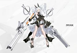 Rule 34 | 1girl, cancell, detached sleeves, drill hair, dual wielding, fang, green eyes, high heels, highres, holding, holding sword, holding weapon, looking at viewer, open mouth, original, solo, sword, twin drills, weapon, white background, white hair