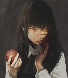 Rule 34 | 1girl, absurdres, apple, black hair, blood, blood on face, blood on hands, chainsaw man, dark background, dress, facial scar, food, fourth east high school uniform, fruit, highres, holding, holding food, holding fruit, long hair, long sleeves, looking at viewer, niroxin, orange eyes, pinafore dress, ringed eyes, scar, scar on cheek, scar on face, school uniform, sleeveless, sleeveless dress, solo, yoru (chainsaw man)