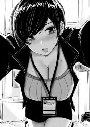 Rule 34 | 1girl, absurdres, black jacket, blush, breasts, cleavage, commentary, earrings, english commentary, greyscale, highres, id card, indoors, jacket, jewelry, kneeling, lanyard, large breasts, legs together, looking at viewer, medium breasts, miniskirt, monochrome, norman maggot, office lady, olive laurentia, original, outstretched arms, pencil skirt, pixie cut, reaching, reaching towards viewer, short hair, skirt, solo, stud earrings, sweat