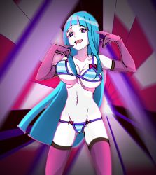 Rule 34 | 1girl, :d, bad id, bad pixiv id, bikini, blue hair, breasts, cleavage, elbow gloves, gloves, hime cut, large breasts, long hair, me!me!me!, meme (me!me!me!), naive (day), navel, open mouth, purple eyes, saliva, smile, solo, striped bikini, striped clothes, swimsuit, thighhighs, zettai ryouiki