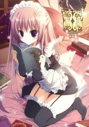 Rule 34 | 1girl, absurdres, bed, black thighhighs, blush, book, bridal garter, desk, frilled thighhighs, frills, full body, garter straps, highres, holding, holding book, image sample, inugami kira, lamp, looking at viewer, maid, maid headdress, on bed, open book, pink hair, purple eyes, reading, seiza, sitting, solo, tareme, thighhighs, zettai ryouiki