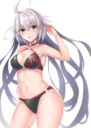 Rule 34 | 1girl, ahoge, armpits, bikini, black bikini, board game, breasts, choker, cleavage, commentary request, cowboy shot, fate/grand order, fate (series), from side, go (board game), hair between eyes, halterneck, hand in own hair, hand on own hip, jeanne d&#039;arc alter (swimsuit berserker) (fate), jeanne d&#039;arc (fate), jeanne d&#039;arc alter (fate), jeanne d&#039;arc alter (swimsuit berserker) (fate), large breasts, long hair, o-ring, o-ring bikini, o-ring bottom, o-ring top, ryuunonon, simple background, solo, standing, swimsuit, teeth, thighs, upper teeth only, very long hair, white background, white hair, yellow eyes