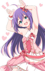 Rule 34 | 1girl, ahoge, aqua eyes, armpits, bare arms, commentary request, dress, hair between eyes, halter dress, halterneck, hands up, idolmaster, idolmaster million live!, long hair, looking at viewer, mochizuki anna, open mouth, pink dress, purple hair, sleeveless, sleeveless dress, solo, taka (suigendou), wrist cuffs