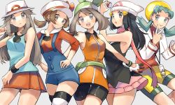 Rule 34 | 5girls, aqua shirt, bandana, beanie, bike shorts, black hair, black wristband, blush, breasts, brown eyes, brown hair, bucket hat, closed mouth, commentary, creatures (company), dawn (pokemon), eyelashes, game freak, gloves, green (pokemon), hands on own hips, hat, hat ribbon, holding, holding poke ball, kris (pokemon), leaf (pokemon), long hair, looking at viewer, lyra (pokemon), may (pokemon), multiple girls, nintendo, open mouth, overalls, pleated skirt, poke ball, poke ball (basic), pokemon, pokemon dppt, pokemon emerald, pokemon frlg, pokemon gsc, pokemon hgss, pokemon rse, red skirt, ribbon, ririmon, scarf, shirt, shorts, skirt, sleeveless, sleeveless shirt, smile, symbol-only commentary, teeth, thighhighs, tongue, tongue out, twintails, w, white headwear, wristband