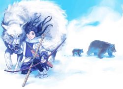 Rule 34 | 1girl, absurdres, ainu, ainu clothes, animal, animal hug, asirpa, bandana, bear, black hair, black pants, blue bandana, blue eyes, blue sky, boots, bow (weapon), cape, closed mouth, commentary request, day, ear piercing, earrings, full body, fur cape, golden kamuy, highres, holding, holding weapon, hoop earrings, hug, jewelry, long hair, long sleeves, looking at viewer, noda satoru, official art, outdoors, pants, piercing, retar, sitting, sky, sly, smile, snow, solo, textless version, weapon, white cape, white footwear, white wolf, wolf, yellow eyes