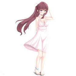 Rule 34 | 1girl, absurdres, anklet, arm behind back, barefoot, blue eyes, blunt bangs, blush, bow, breasts, brown hair, cleavage, collarbone, dress, floating hair, frilled dress, frills, full body, hair bow, hand on own head, highres, jewelry, long hair, medium breasts, mole, mole on breast, new game!, parted lips, ribbon, sainohikari, simple background, sleeveless, sleeveless dress, solo, standing, sundress, takimoto hifumi, very long hair, white background, white bow, white dress, white ribbon