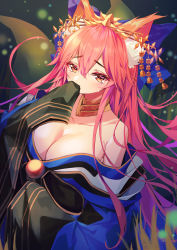 Rule 34 | 1girl, absurdres, animal ear fluff, animal ears, bare shoulders, blue kimono, blush, breasts, cleavage, collarbone, covering own mouth, fate/extra, fate/grand order, fate (series), fox ears, fox girl, fox tail, hair ornament, hairpin, highres, japanese clothes, jewelry, kimono, large breasts, long hair, long sleeves, looking at viewer, multiple tails, munseonghwa, neck ring, off shoulder, official alternate costume, pink hair, tail, tamamo (fate), tamamo no mae (fate/extra), tamamo no mae (third ascension) (fate), tears, wide sleeves, yellow eyes