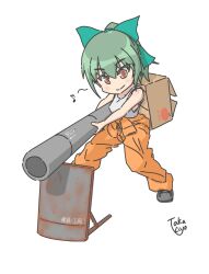 Rule 34 | 1girl, artist logo, artist name, box, brown eyes, cardboard box, commentary request, eighth note, full body, green hair, green ribbon, hair ribbon, highres, jumpsuit, jumpsuit around waist, kantai collection, long hair, musical note, nk1109r, orange jumpsuit, ponytail, ribbon, shield, simple background, solo, tube, white background, yuubari (kancolle)