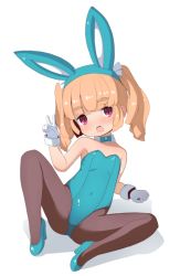 Rule 34 | 1girl, animal ears, aqua bow, aqua bowtie, aqua leotard, black pantyhose, blunt bangs, bow, bowtie, brown hair, brown pantyhose, detached collar, fake animal ears, flat chest, full body, garoudo (kadouhan&#039;i), gloves, head tilt, leotard, looking at viewer, open mouth, original, pantyhose, playboy bunny, rabbit ears, red eyes, simple background, solo, spread legs, strapless, strapless leotard, thick eyebrows, twintails, v, white background