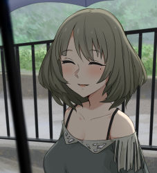Rule 34 | 10s, 1girl, blurry, blurry background, blush, breasts, close-up, closed eyes, collarbone, commentary request, facing viewer, green hair, idolmaster, idolmaster cinderella girls, large breasts, mole, mole under eye, pahrrted lips, railing, sente, short hair, smile, solo, takagaki kaede