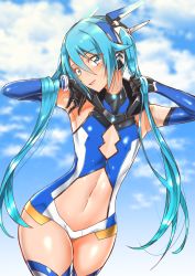 Rule 34 | 1girl, armpits, bare shoulders, blue eyes, blue hair, blush, bodysuit, boots, breasts, cleavage cutout, clothing cutout, cloud, collar, commentary request, cowboy shot, day, elbow gloves, flat chest, gloves, hair between eyes, hand in own hair, head tilt, headgear, highres, long hair, looking at viewer, navel, open mouth, ore twintail ni narimasu, outdoors, shiny skin, sky, small breasts, solo, swept bangs, tailblue, thigh boots, thighhighs, twintails, very long hair, wide hips, yuto (dialique)