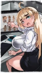 Rule 34 | 1girl, absurdres, ahoge, at computer, black skirt, blonde hair, blush, braid, breast rest, breasts, breasts on table, covering privates, crown braid, full-face blush, green eyes, highres, huge breasts, long hair, looking at viewer, louise (okanderlig), mismatched eyebrows, office lady, original, shirt, skirt, solo, thick eyebrows, thighs, turning head, white shirt, zanamaoria