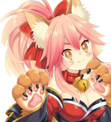 Rule 34 | 1girl, @ @, animal ears, animal hands, bell, blush stickers, breasts, cleavage, collar, fang, fate/grand order, fate (series), fox ears, hair ribbon, highres, large breasts, long hair, looking at viewer, neck bell, pink hair, ribbon, simple background, solo, tamamo (fate), tamamo cat (fate), tamamo cat (first ascension) (fate), tamamo no mae (fate/extra), toko yoshi, white background, yellow eyes