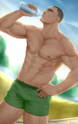 Rule 34 | 1boy, abs, absurdres, bara, biceps, bottle, bulge, buzz cut, cowboy shot, drinking, dutch angle, feiya6022, green male underwear, hand on own hip, hand up, highres, large pectorals, leg hair, male focus, male underwear, mature male, muscular, muscular male, navel, nipples, original, pectorals, short hair, sideburns, solo, stomach, sunlight, thick thighs, thighs, topless male, underwear, underwear only, very short hair, water bottle