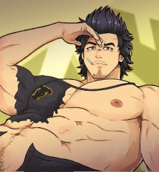 Rule 34 | 1boy, abs, bara, bare pectorals, biceps, black capelet, black clover, black hair, black pants, blush, capelet, facial hair, from below, goatee, highres, kir (kir keropi), large pectorals, long sideburns, looking at viewer, male focus, male pubic hair, mature male, muscular, muscular male, navel, navel hair, nipples, nose blush, open fly, pants, pectorals, pubic hair, short hair, sideburns, solo, spiked hair, stomach, thick eyebrows, torn capelet, torn clothes, yami sukehiro