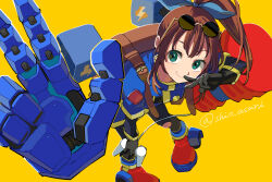 Rule 34 | 1girl, brown hair, closed mouth, eyewear on head, full body, gloves, green eyes, long hair, looking at viewer, mechanical arms, pantyhose, playstation controller, ponytail, precis neumann, shiohi, simple background, single mechanical arm, skirt, smile, solo, star ocean, star ocean the second story, torn clothes, torn pantyhose, v
