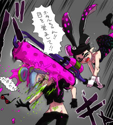 Rule 34 | 2girls, alternate universe, black dress, black gloves, blood, blood from mouth, callie (splatoon), cousins, crop top, crying, detached collar, dress, emphasis lines, gloves, green blood, highres, in the face, inkling, lowleg, lowleg pants, marie (splatoon), midriff, moggel, multiple girls, navel, nintendo, paint roller, pants, pubic tattoo, role reversal, short sleeves, splat roller (splatoon), splatoon (series), splatoon 2, stomach tattoo, strapless, strapless dress, sunglasses, tattoo, tears, white gloves